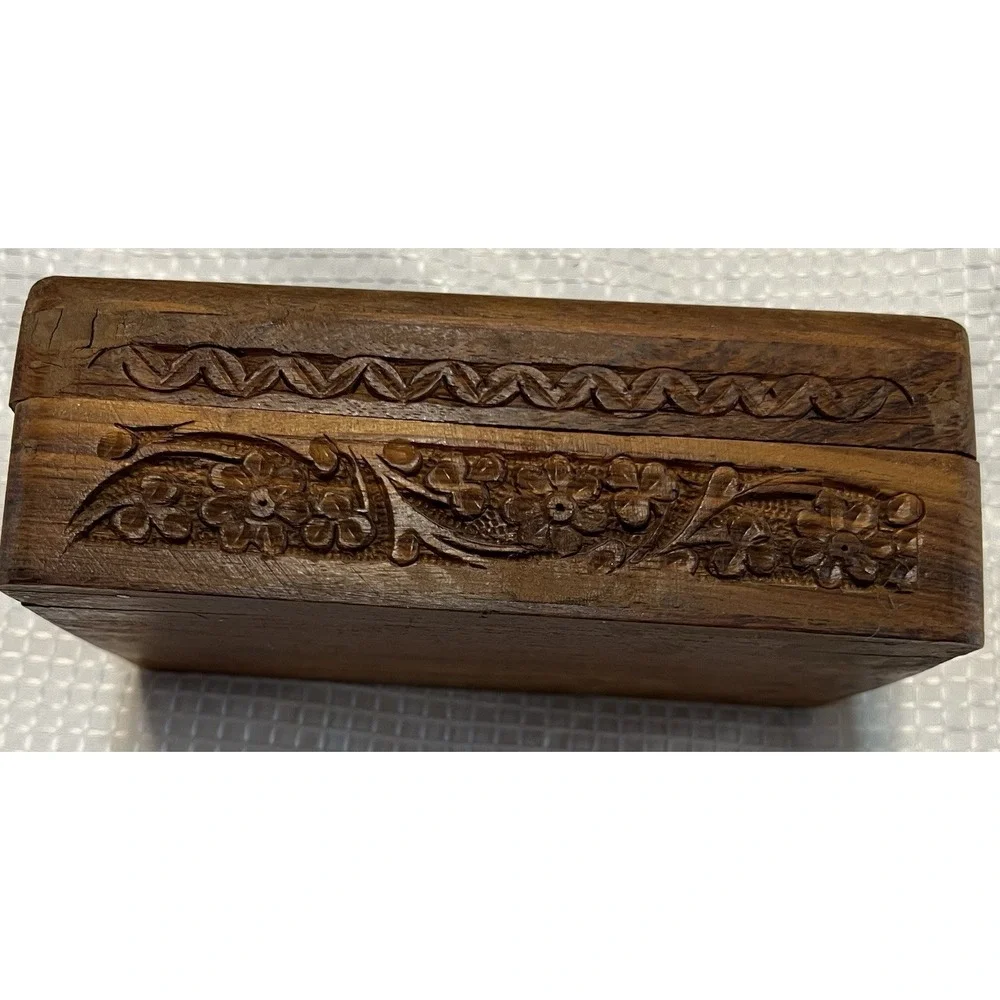 Vintage Hand Carved Wooden Rectangular Decorative Box Owl Floral Pattern, Small‎